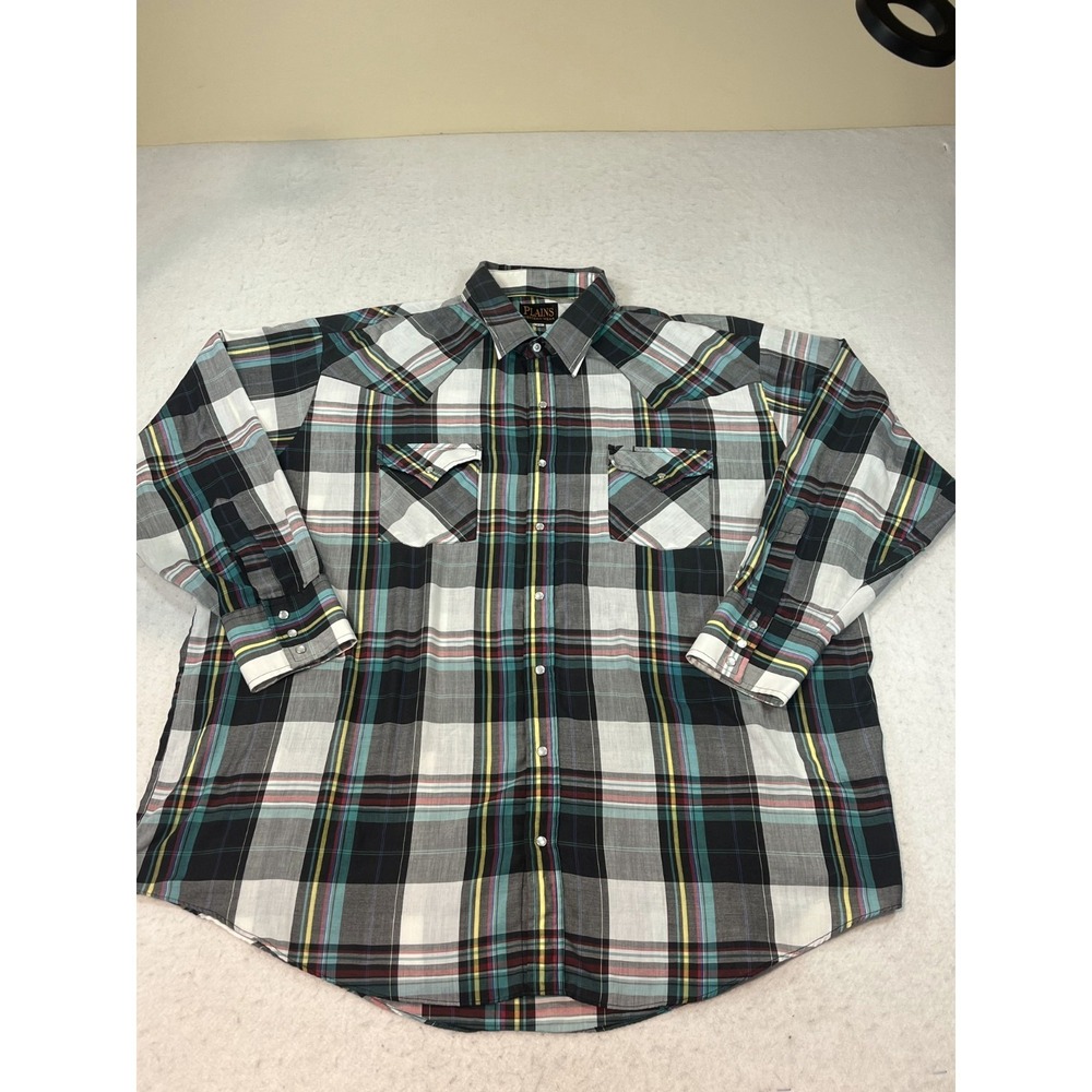 Y2K Plains Western Wear Shirt Mens XXL Multi Plaid Pearl Snap Back Yoke Cowboy